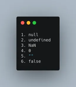 An image representing the different 5 types of falsy values