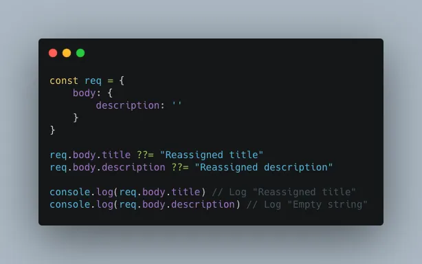 An image showing an example of the Logical Nullish Assignment