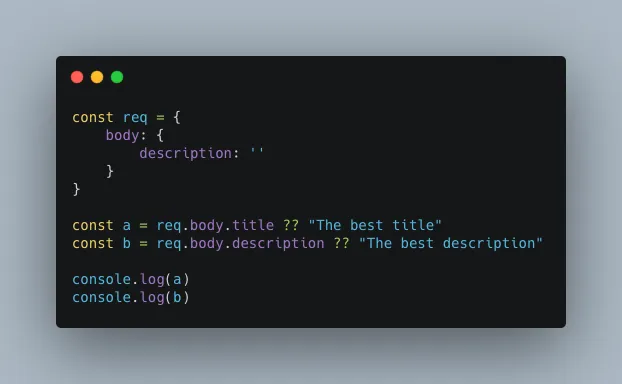 An image showing an example of the Nullish Coalescing Operator with a JavaScript object